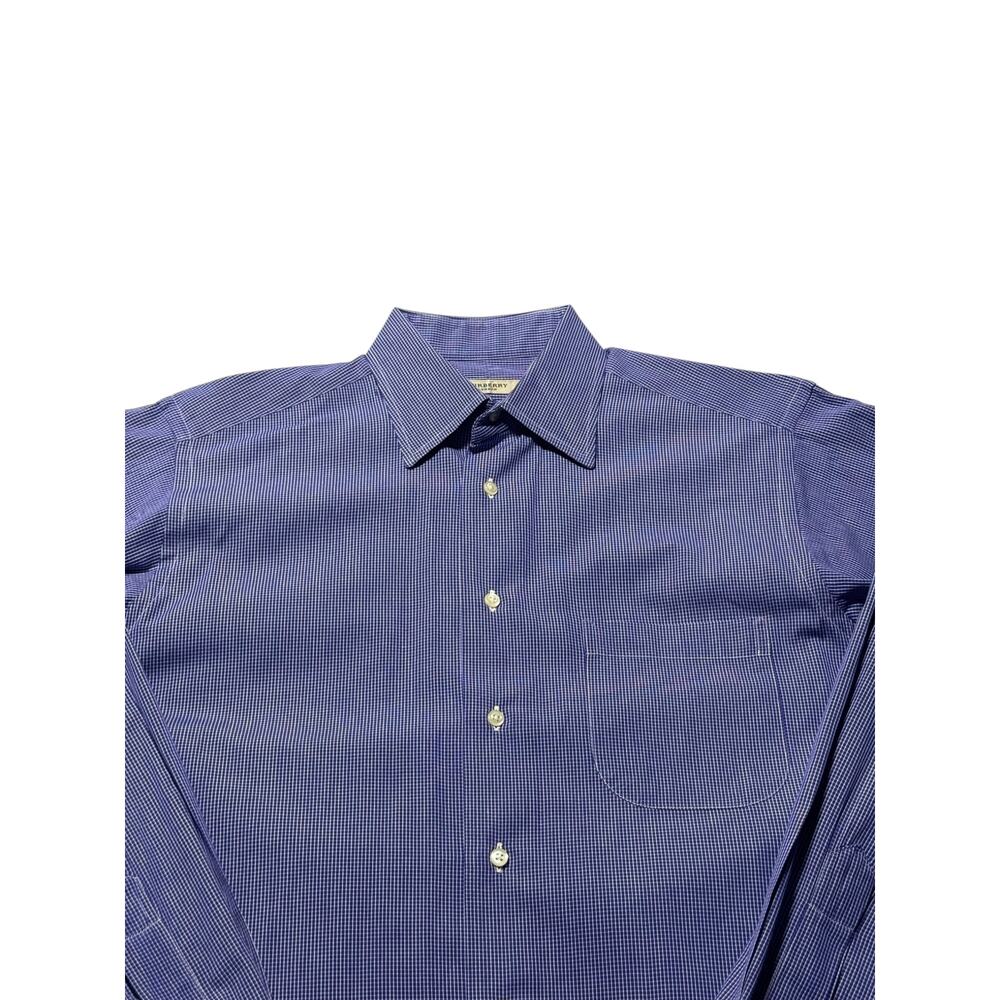 Burberry London Button-Up Dress Shirt Men's 15 Blue White Micro-Check Curved Hem - Picture 6 of 14